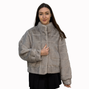 STRIPED FAUX MINK STAND COLLAR JACKET